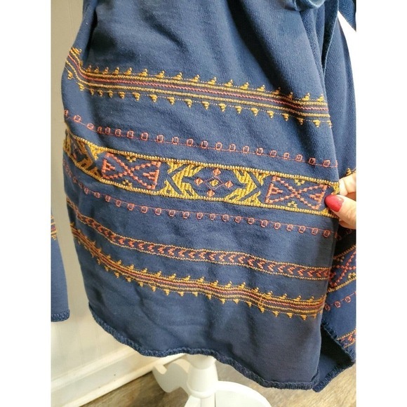 Vintage Lucky Brand Size Large Open Front Cardigan Aztec Boho Navy Duster - Picture 3 of 11